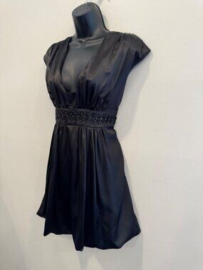 Barami Size L Black Beaded Waist Deep V Mini Dress